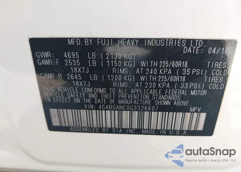 2016 Subaru Outback 2.5I Limited from USA, damaged, VIN 4S4BSANC0G3326607